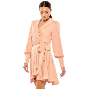 Mac Duggal Ieena Ethereal Satin Wrap Dress Soft Pink Bow 2 NWT | Wedding Guest